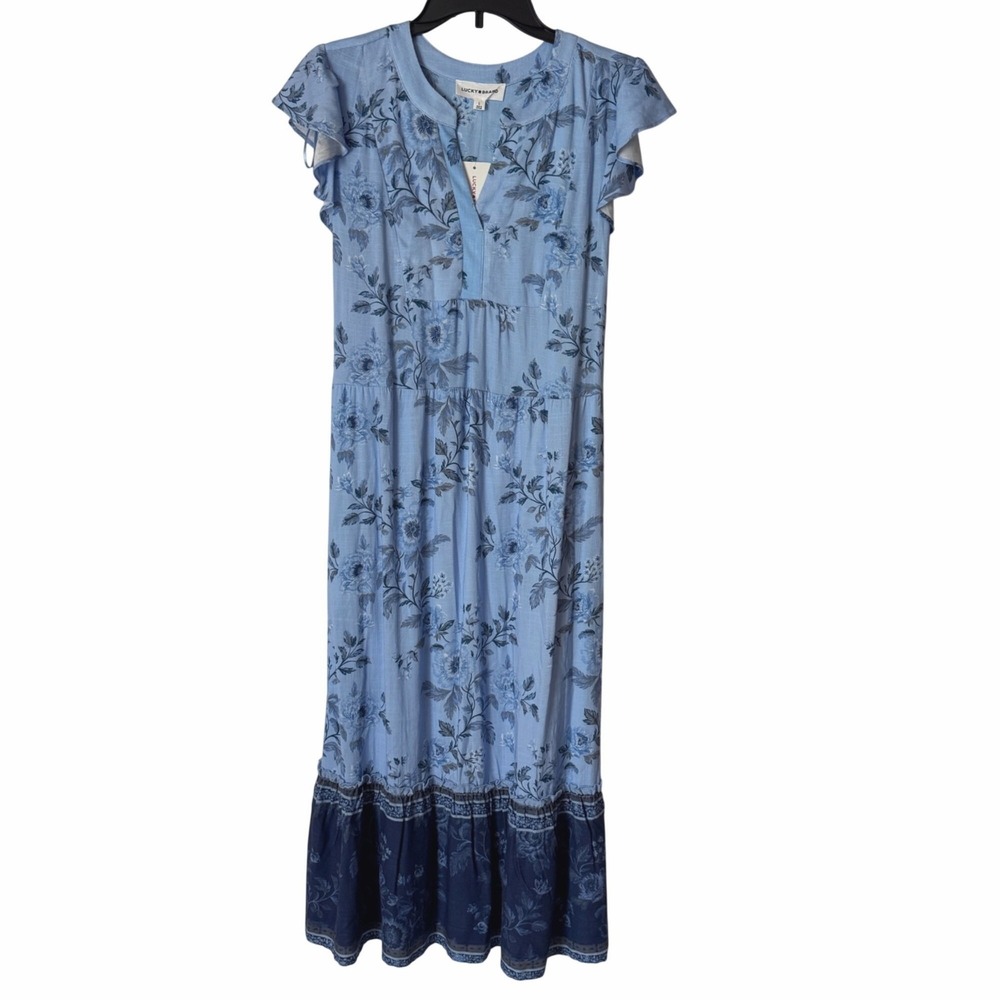 Lucky Brand Maxi Dress Floral Flutter Sleeve Women Large Blue Boho Tiered NWT